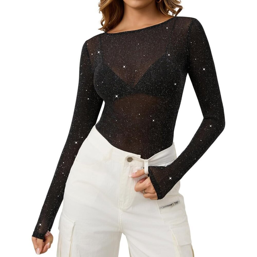 Women's Lace Mesh Top 100% Nylon Sheer Long Sleeve Boat Neck Casual Party